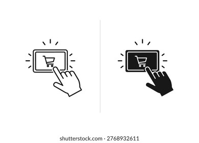 Conceptual vector illustration representing online shopping and e-commerce. Shows a hand interacting with a digital interface featuring a shopping cart icon, ideal for marketing and technology themes.