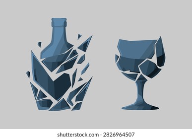 Conceptual vector illustration of a shattered blue glass bottle and wine glass against a grey background.