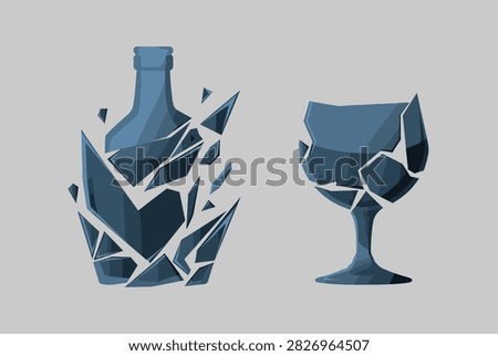 Conceptual vector illustration of a shattered blue glass bottle and wine glass against a grey background.