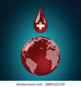 Eine konzeptionelle Vektorgrafik eines glänzenden roten Blutstropfens mit einem weißen Kreuz auf einem glänzenden, blutroten Globus. Stellt globale Gesundheit, Blutspende und medizinische Hilfe dar. Dieses Bild ist nicht KI-generiert.