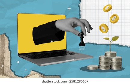 A conceptual vector illustration showcasing a hand reaching out from a laptop screen, manipulating a chess piece while surrounded by coins and a growing plant, ideal for finance-related themes.