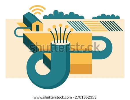 Conceptual vector illustration showing fiber optic broadband connection in rural areas. Symbol of modern communication, digital infrastructure, and internet access for countryside and remote regions.