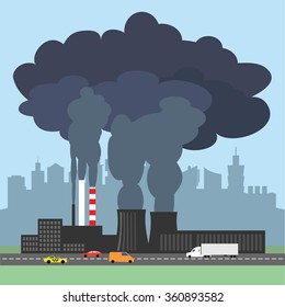 A conceptual vector illustration showing the polluted smoke from a factory chimney over a city. Causes of air pollution, acid rains and green house effect. Ecological disaster. Industrial problems.