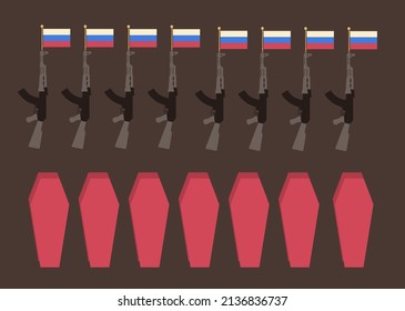 conceptual vector illustration showing a row of seven Russian rifles with flags attached to their barrels, aligned above a corresponding row of seven red coffins, symbolizing war, loss, and conflict