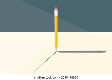 Conceptual vector illustration with a simple pencil standing upright on a table and a broken tip. Drawing on paper. Straight line. Object shadow. The image is in a minimalistic style.