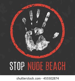 Conceptual vector illustration. Social problems of humanity. Stop nudist beach sign.