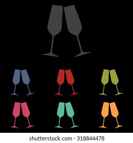 Conceptual vector illustration of sparkling champagne glasses. Icon set