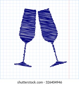 Conceptual vector illustration of sparkling champagne glasses with pen and school paper effect 