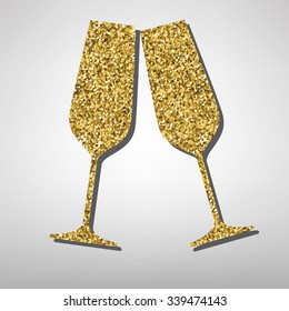 Conceptual vector illustration of sparkling champagne glasses. Golden icon