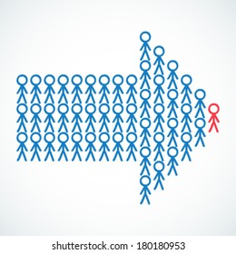 Conceptual vector illustration of stick figures standing in the shape of an arrow the red colored leader being the tip.