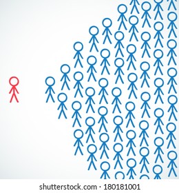 Conceptual vector illustration of stick figures with one individual being highlighted and standing next to crowd.