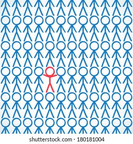 Conceptual vector illustration of stick figures standing in homogeneous rows with one waving and being highlighted.