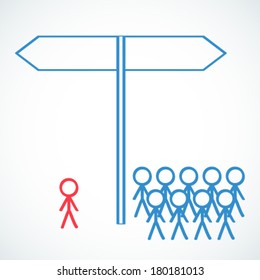 Conceptual vector illustration of stick figures standing in front of blank road sign, highlighted individual and group choosing opposite directions.