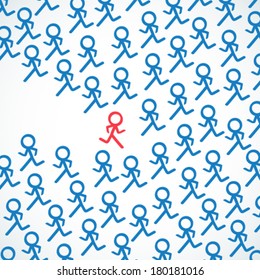 Conceptual vector illustration of stick figures with one highlighted individual and a crowd running in opposite directions.