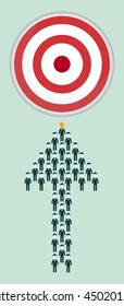 Conceptual vector illustration of stick figures standing in the shape of an arrow toward the goal. Stock vector illustration