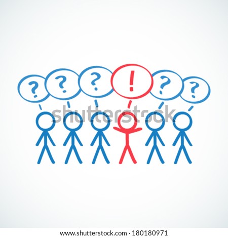 Conceptual vector illustration of stick figures standing in a row with speech bubbles and question marks, one highlighted with exclamation mark.