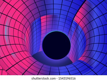 Conceptual vector illustration of  supermassive black hole and event horizon, a region of spacetime exhibiting strong gravitational acceleration. Futuristic vaporwave style illustration.