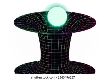 Conceptual vector illustration of  supermassive black hole and event horizon, a region of spacetime with tunnel or wormhole. Futuristic synthwave style illustration.