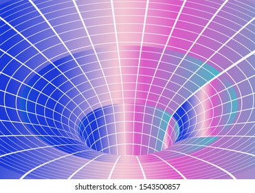 Conceptual vector illustration of  supermassive black hole and event horizon, a region of spacetime with tunnel or wormhole. Futuristic synthwave style illustration.