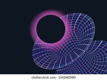 Conceptual vector illustration of  supermassive black hole and event horizon, a region of spacetime exhibiting strong gravitational acceleration. Futuristic synthwave style illustration.