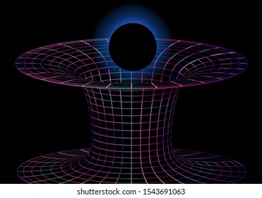 Conceptual vector illustration of  supermassive black hole and event horizon, a region of spacetime with tunnel or wormhole. Futuristic synthwave style illustration.