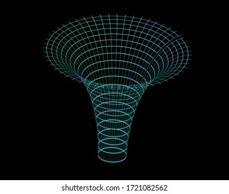 Conceptual vector illustration of  supermassive black hole and event horizon, a region of spacetime with tunnel or wormhole. Futuristic synthwave style illustration.