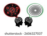 Conceptual vector illustration symbolizing confusion, stress, misinformation, uncertainty, disagreement, or mental clutter versus deep thought, mindfulness, logical progression.