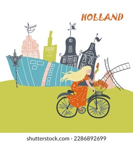 Conceptual vector illustration with symbols Holland, Netherlands, Amsterdam, landmarks, travel, tourism.