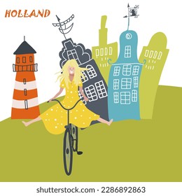 Conceptual vector illustration with symbols Holland, Netherlands, Amsterdam, landmarks, travel, tourism.