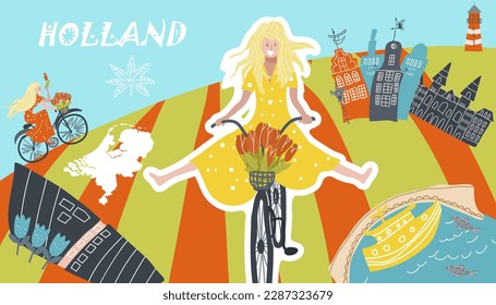 Conceptual vector illustration with symbols Holland, Netherlands, Amsterdam, landmarks, travel, tourism.