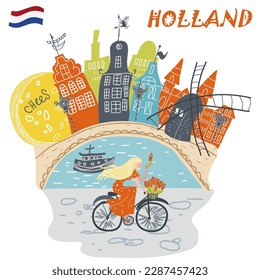 Conceptual vector illustration with symbols Holland, Netherlands, Amsterdam, landmarks, travel, tourism.