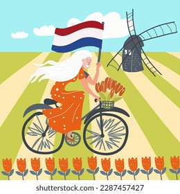 Conceptual vector illustration with symbols Holland, Netherlands, Amsterdam, landmarks, travel, tourism.