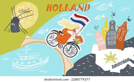 Conceptual vector illustration with symbols Holland, Netherlands, Amsterdam, landmarks, travel, tourism.