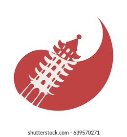 Conceptual vector illustration for taoist community: red taoist symbol Taijitu also known as yin yang and pagoda silhouette on it. 