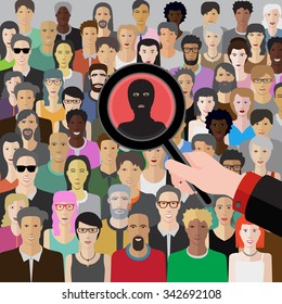 conceptual vector illustration at terrorism threat with crowd of people