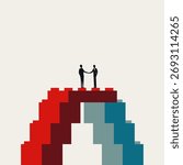 Conceptual vector illustration of two business professionals completing a deal with a handshake, symbolizing a successful merger, partnership, or acquisition via building a structural bridge of blocks
