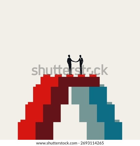 Conceptual vector illustration of two business professionals completing a deal with a handshake, symbolizing a successful merger, partnership, or acquisition via building a structural bridge of blocks