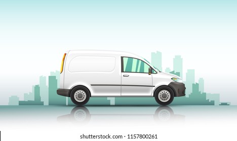 Conceptual vector illustration of van fast delivery service  on a urban background.