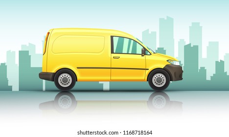 Conceptual vector illustration of van fast delivery service  on a urban background.