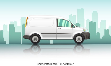 Conceptual vector illustration of van fast delivery service  on a urban background.