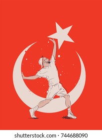 Conceptual vector illustration of a young man keeping the crescent and star of Turkish flag