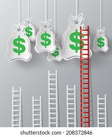 Conceptual vector illustration.Climb the stairs to make money .paper art style.
