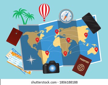 Conceptual vector image for travelling, world map and traveller personal belongings over blue background