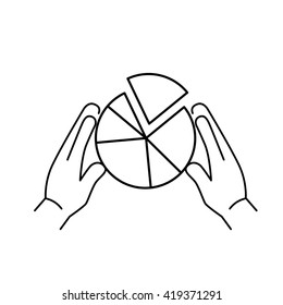 Conceptual vector market share icon with pie chart holding in two hands. flat design marketing and business linear illustration and infographic concept black on white background