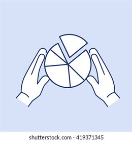 Conceptual vector market share icon with pie chart holding in two hands. modern flat design marketing and business linear illustration and infographic concept on blue background