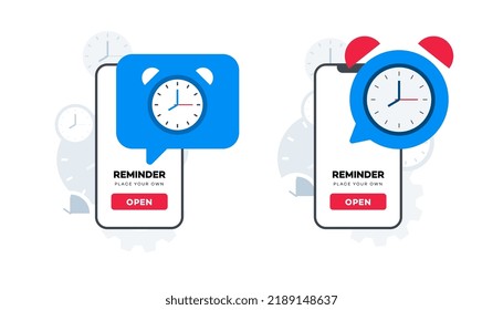 Conceptual vector mobile application reminders. Alarm notice. Calendar schedule notification. Animation ready duik friendly vector illustration.