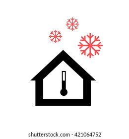 Conceptual vector passive house in cold or winter icon and pictogram | modern flat design illustration and infographic concept red and black on white background