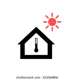 Conceptual vector passive house in heat or summer icon and pictogram | modern flat design illustration and infographic concept red and black on white background