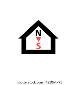 Conceptual vector passive house orientation to cardinal points icon and pictogram | modern flat design illustration and infographic concept red and black on white background