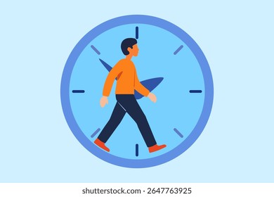 A conceptual vector of a person walking through the inner frame of a giant clock, symbolizing time, life journey, and routine. Ideal for themes of time management and self-discipline.